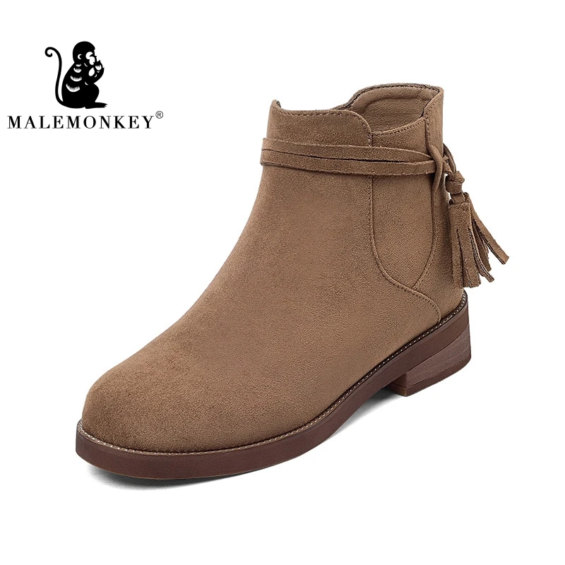 

Женские осенне-зимние ботильоны из флока с обезьянкой повседневные ботинки на квадратном каблуке 3,5 см без шнуровки с круглым носком Размер...