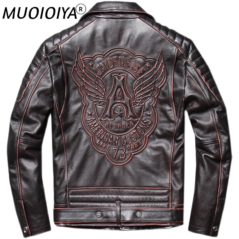 

Мужская мотоциклетная куртка из натуральной воловьей кожи, модель 100% года, мотоциклетная куртка с вышивкой черепа, Мужская натуральная кур...
