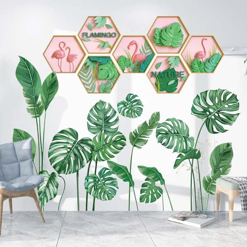 

[SHIJUEHEZI] Green Plant Leaves Wall Stickers DIY Flamingo Sticker Wall Decals for Living Room Bedroom Kitchen Home Decoration