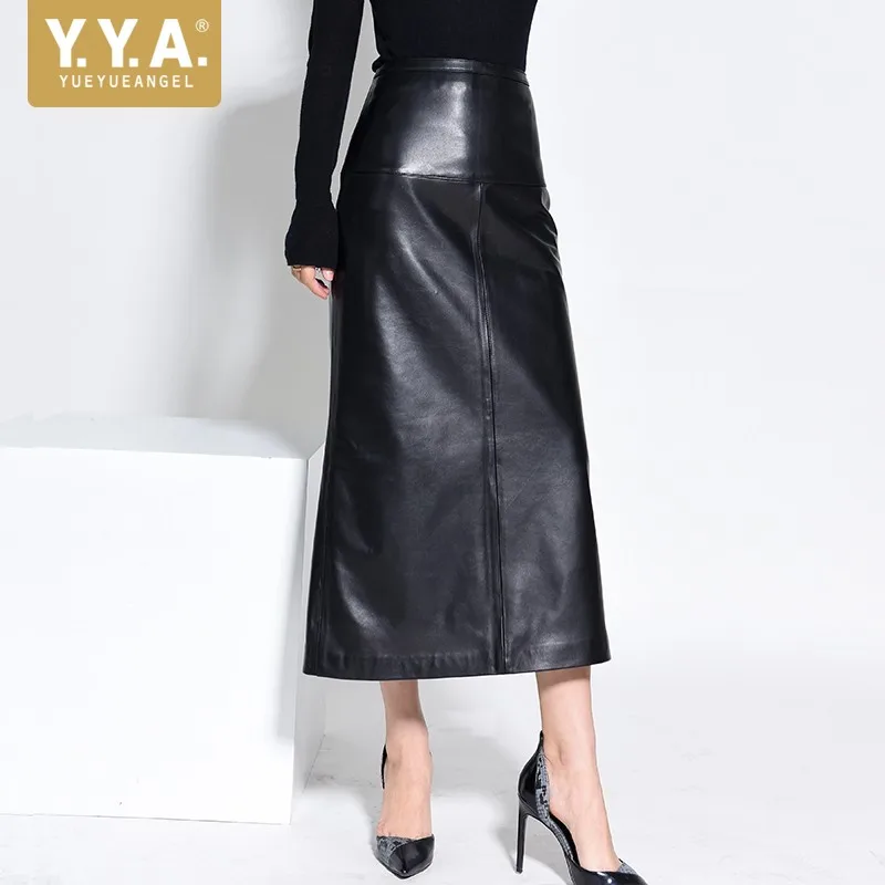 

Korean Style Womens New Genuine Leather High Waist Elegant Skirt Office Lady Fashion Split Sheepskin Ankle Length Casual Skirt