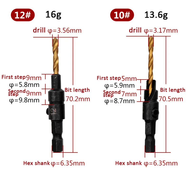 

5pcs Flute Countersink Drill Bits Woodworking Drill Bit Set Drilling Pilot Holes For Screw Size 5# 6# 8# 10# 12# With 1 Wrench