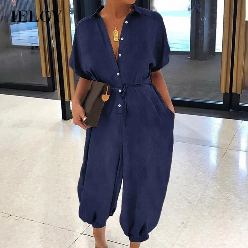 

IELGY new solid color plus size casual short-sleeved denim jumpsuit