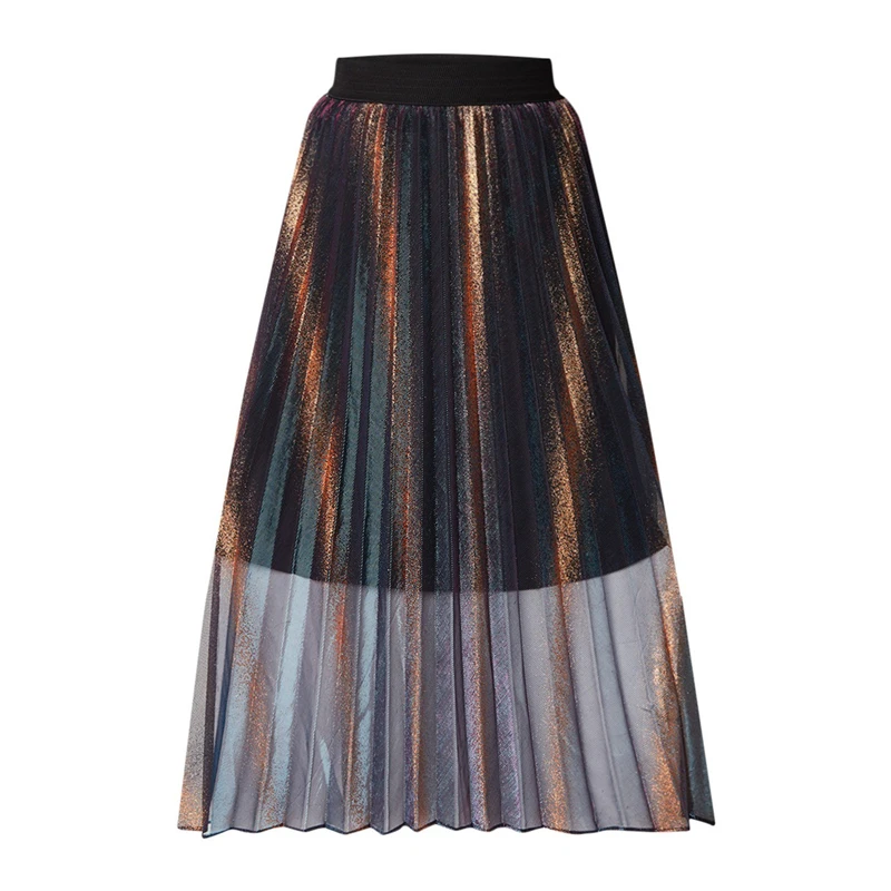 Flectit Pleated Iridescent Long Skirt Metallic Striped Elasticated Waist Flowy Sheer Women 2019 New Fashion Outfits * | Женская одежда