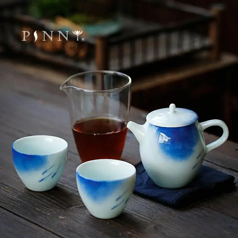 

Набор для чая PINNY, 5 предметов, портативный, ручная роспись, дорожный, белый фарфоровый чайник, традиционная китайская чайная посуда, чашки дл...