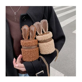 

Милая сумка-ведро из овечьей шерсти, женские плюшевые сумки через плечо с кроличьими ушками, модные женские зимние мини-сумки на молнии в ст...