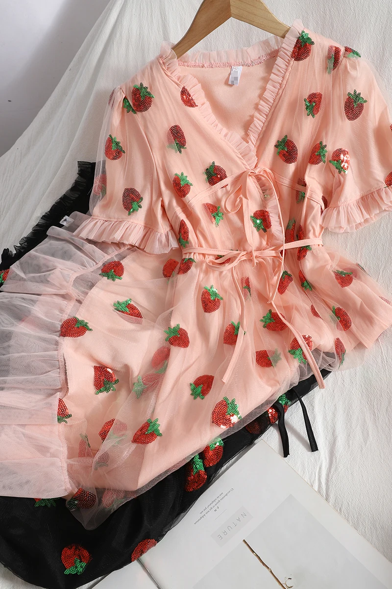 

Spring and Summer Ruffled V Neck Sweet Girl Dress Short Sleeved Ruffled Long Dress Female Sequined Strawberry Vacation Dress