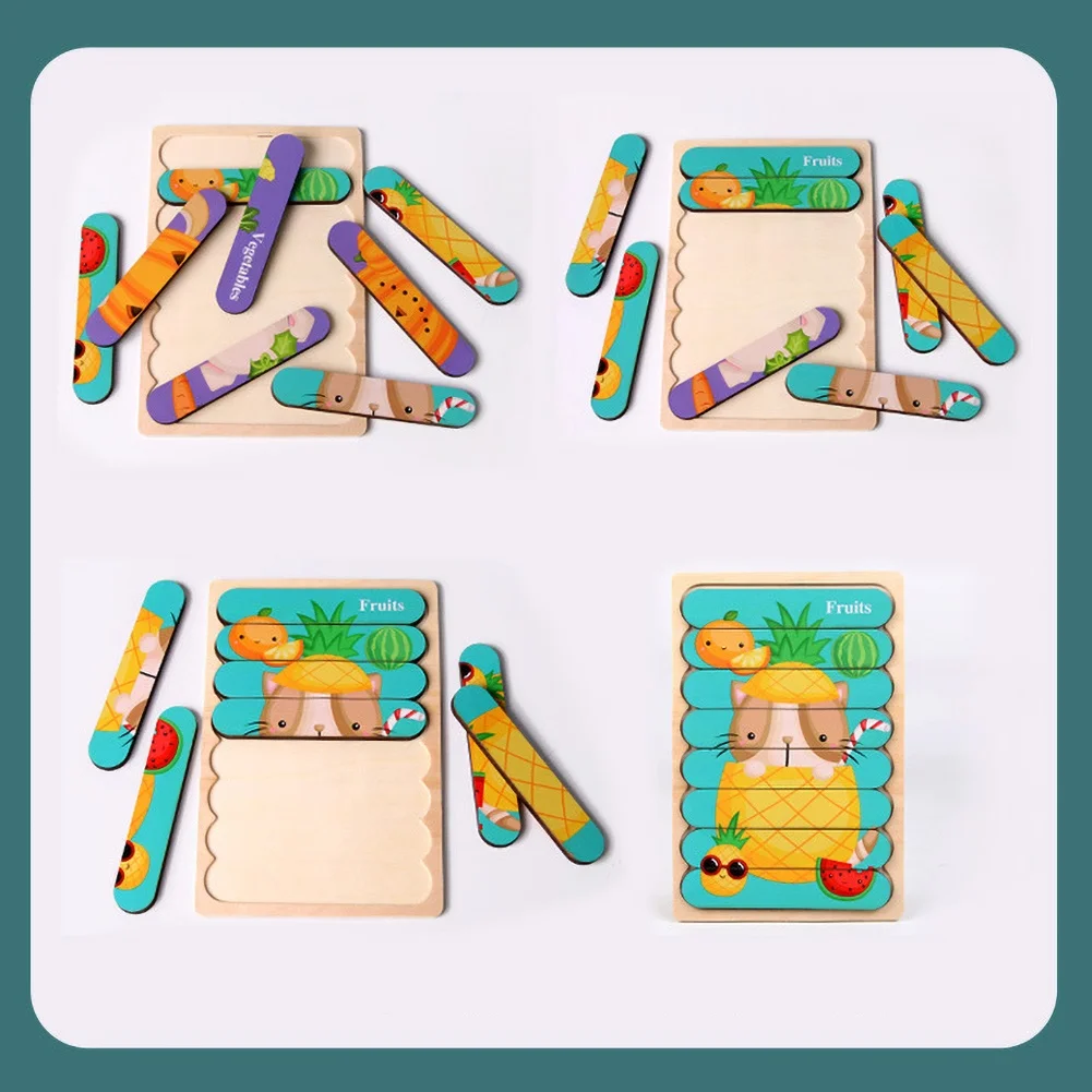 Детский деревянный мультяшный автомобиль двухсторонний пазл с животными