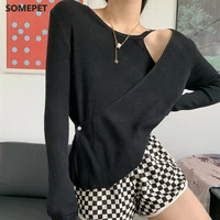 woman chic knitting pullover autumn new korea gentle style long sleeve thin female fake two piece off shoulder top