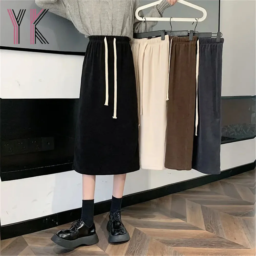 

Drawstring Elastic Band High Waist Corduroy Midi Skirts Korean Simple Back Slit Straight Skirt Casual Autumn Winter Student Saia