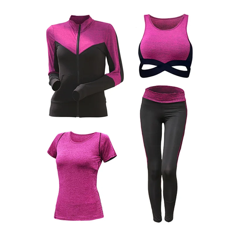 Fuchsia 4 Piece Set Женский комплект для йоги из 5 предметов, штаны с высокой талией+ пальто+ футболка+ бюстгальтер+ штаны, быстросохнущая одежда для спортзала фитнеса, спортивный комплект - Цвет: Fuchsia 4 Piece Set