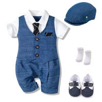 summer baby romper suit newborn boys formal clothing cotton children hat jumpsuit shoes socks 4 pieces outfit blue costume