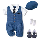 Летний детский комбинезон для новорожденных, официальная одежда для мальчиков, хлопковый Детский комбинезон с шапочкой, ботинками и носками, комплект из 4 предметов, синий костюм