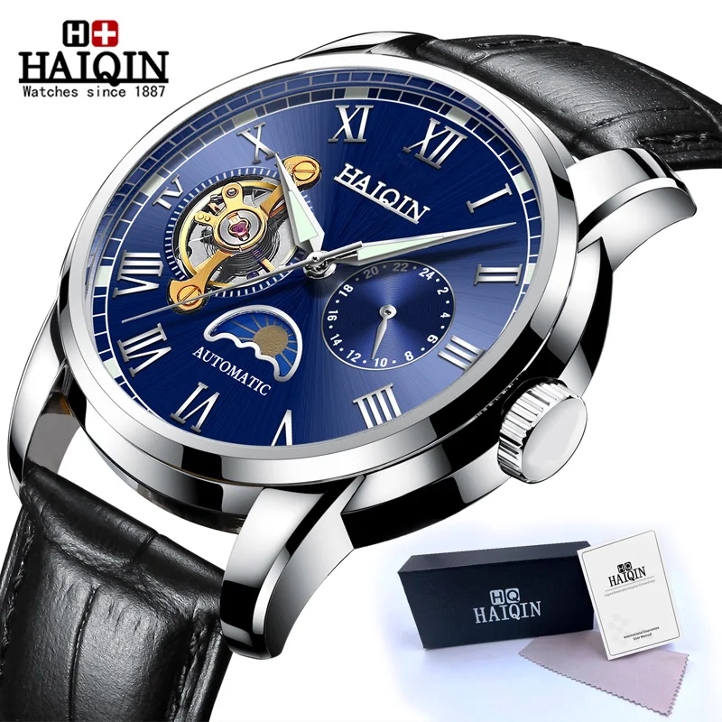 Silver Blue HAIQIN водонепроницаемые мужские часы с скелетом из нержавеющей стали, роскошные брендовые прозрачные механические Спортивные мужские наручные часы - Цвет: Silver Blue