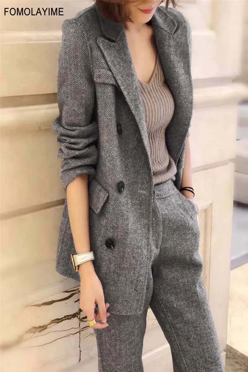 Модный темпераментный женский деловой костюм повседневные брюки двубортный