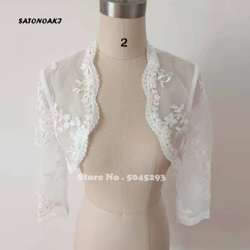 SATONOAKI/Элегантные новые акции женщин/девочек 3/4 с длинными рукавами белые кружевные плечи Обрезанные болеро куртка Свадебные обертывания