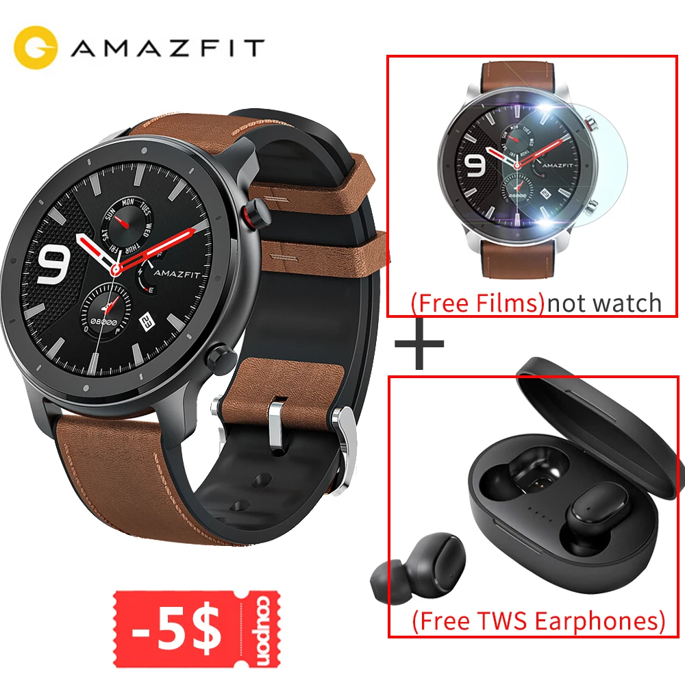 black Бесплатные фильмы и TWS гарнитура Amazfit GTR Смарт часы 47 мм Huami gps Smartwatch 24 дня батарея управление музыкой 5ATM для Android IOS - Цвет: black