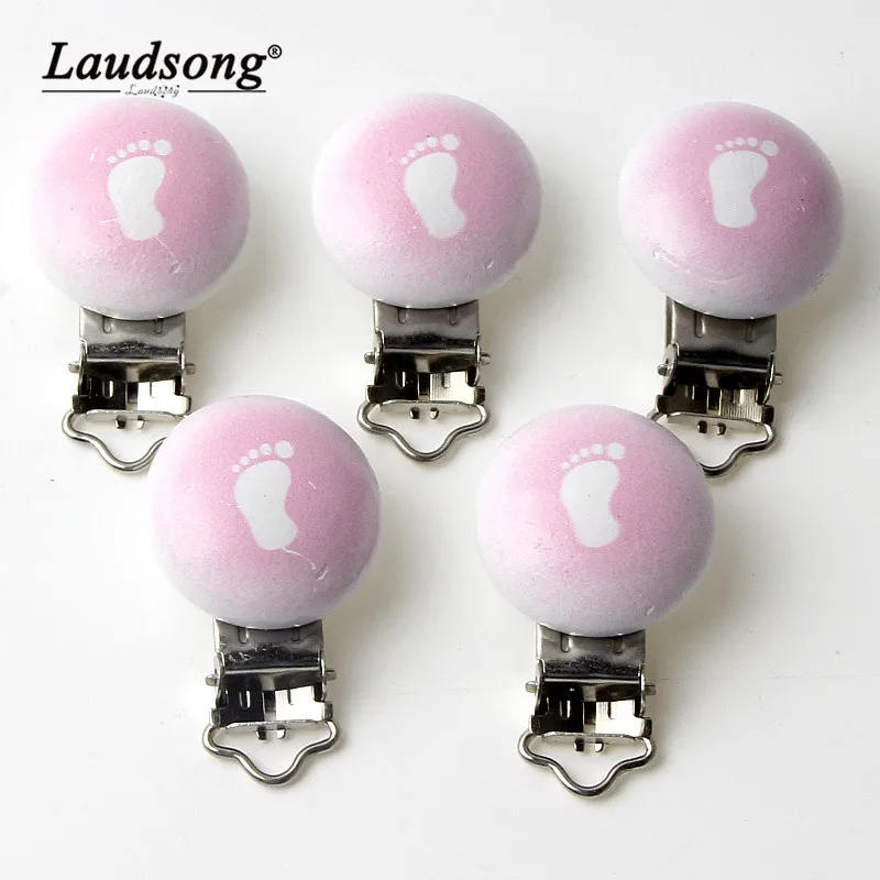 

5pcs Pink Feet Wooden Baby Pacifier Clips Wood Metal Holders Cute Infant Soother Clasps Accessories For Baby Teethers