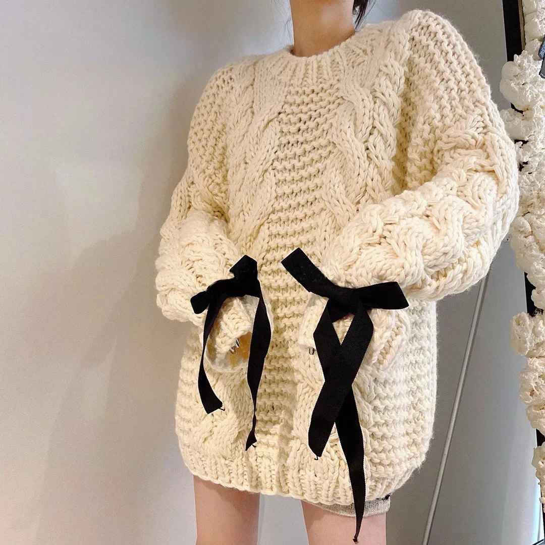 

Women Vintage Twist Hand Made Sweater Fashion O-Neck Long Sleeve Cuff Bandage Bow Decorate Pullover Midi Jumper