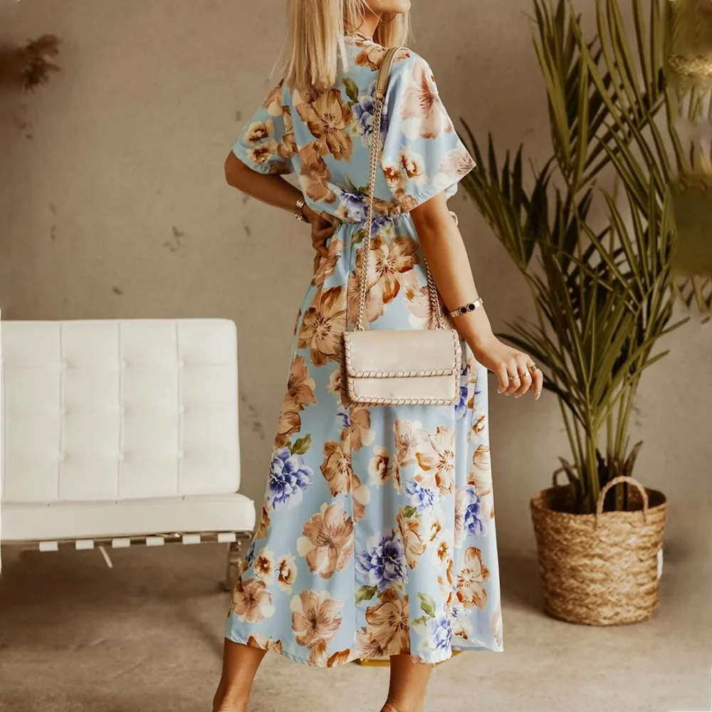

2021 New Spring Women's Bohemian Ruffled Floral Printed Dress Sexy Boho Style Deep V-neck Long Summer Dress