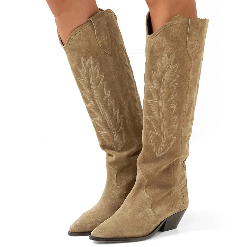 Luxury Brand Western Boots For Women Suede Embroidered Knee High Boots Pointed Toe Spike Kitten Heels Shoes Women's High Boots