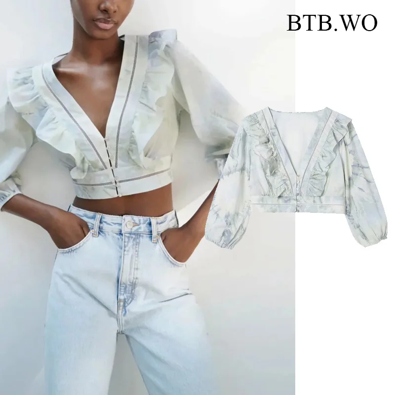 

Женская летняя блузка с принтом BTB.WO, повседневная шикарная рубашка с оборками, винтажная Офисная Женская блузка с коротким рукавом, шикарны...