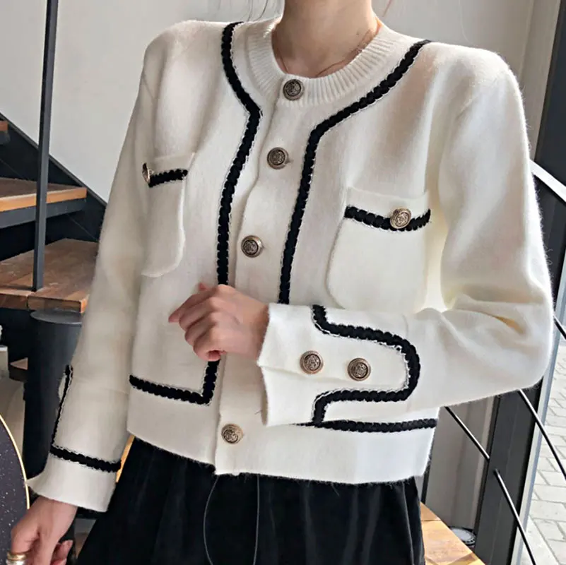 

White Button Vintage Knitted Cropped Cardigan Women Sweater Black Korean Tops Female Invierno 2020 Casual Fashion Office Ladys