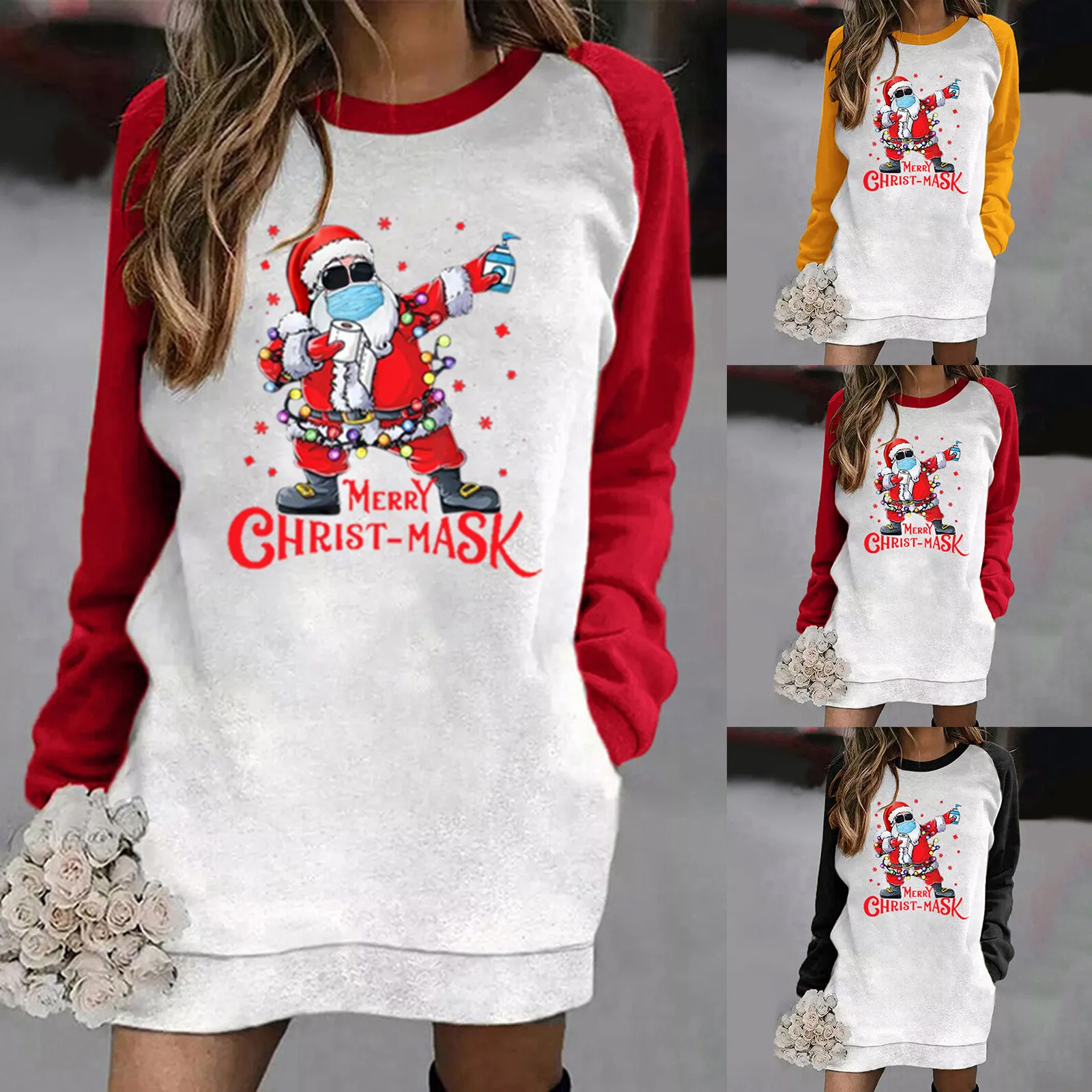 

Vintage Printing Plus Size Dresses Ladies Contrast Color Long Sleeve Loose Christmas Print Printing Pocket Sweatshirt Dress