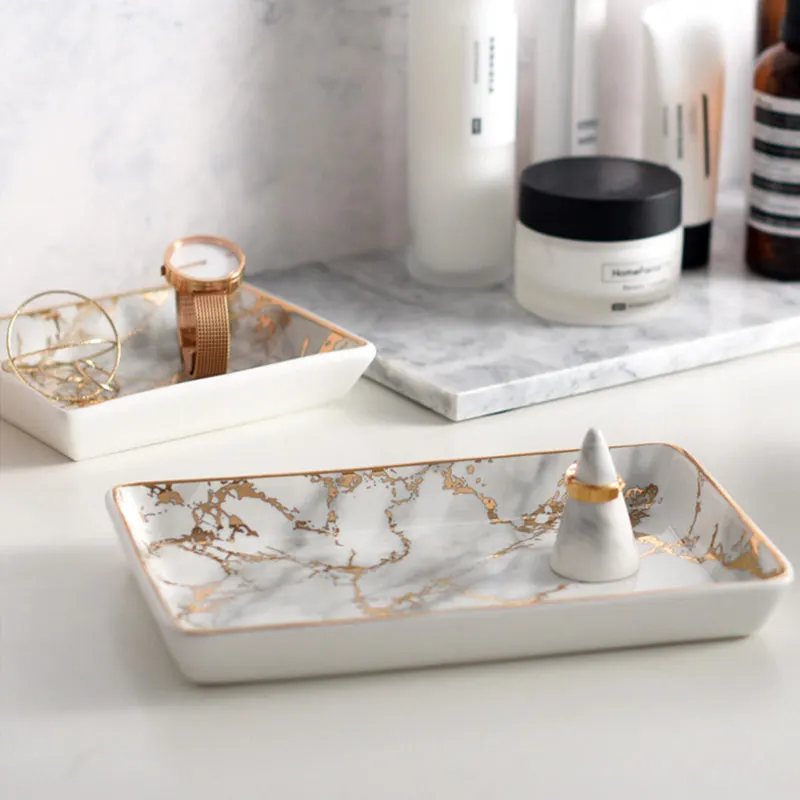 Nordic Home Accessories Ins Popular Gold Inlay Decorate Plate Marble Stripe Ceramic Jewelry Tray Storage Dessert | Дом и сад