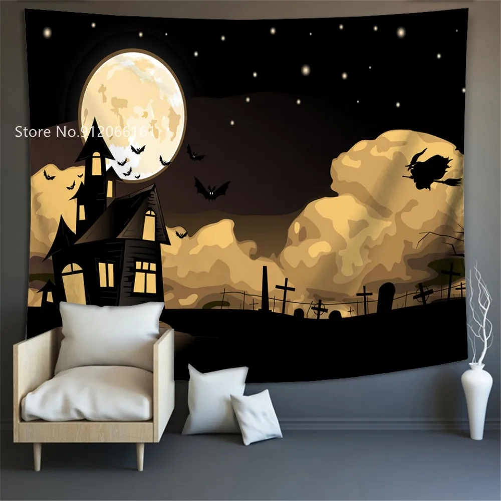 

Happy Halloween Tapestries Pumpkin Cat Bat Wall Hanging Cloth Carpet Tapestries For Living Room Ceiling Room Home Dorm Decor