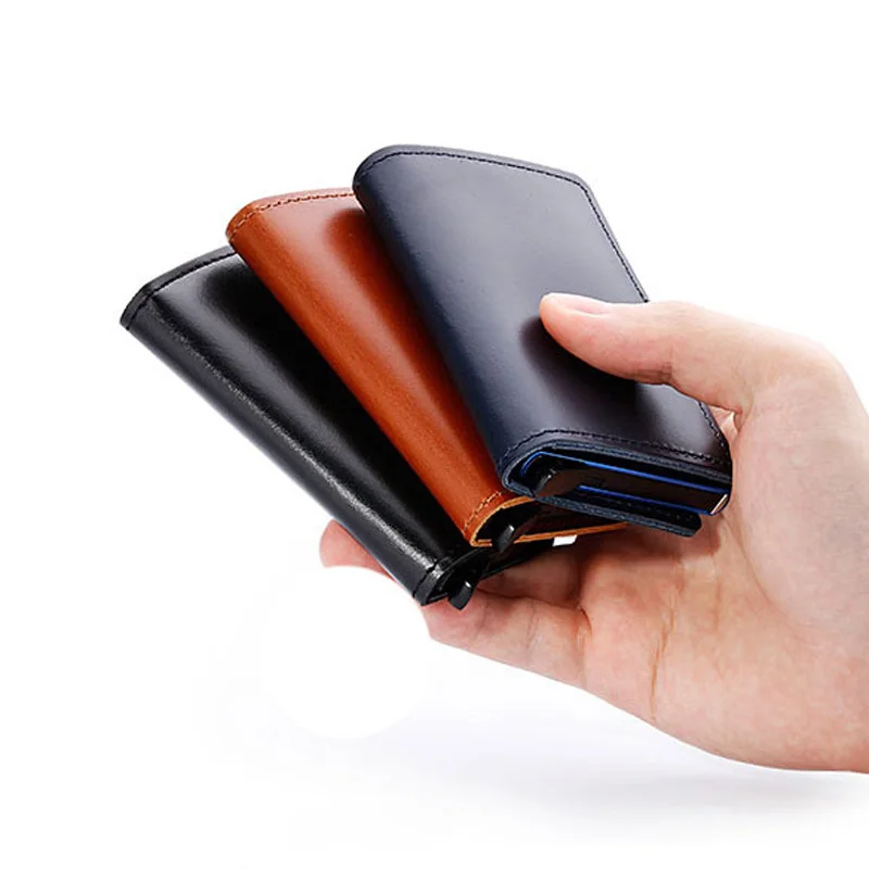 

100% Genuine Leather RFID Blocking Credit Card Holder Aluminum Business ID Cardholder Slim Metal Card Case Mini Wallet For Men