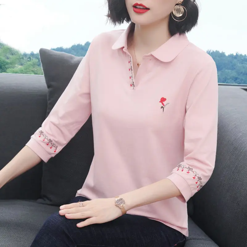 

95 cotton medium sleeve T-shirt women's 2021 new women's polo collar blouse with undercoat