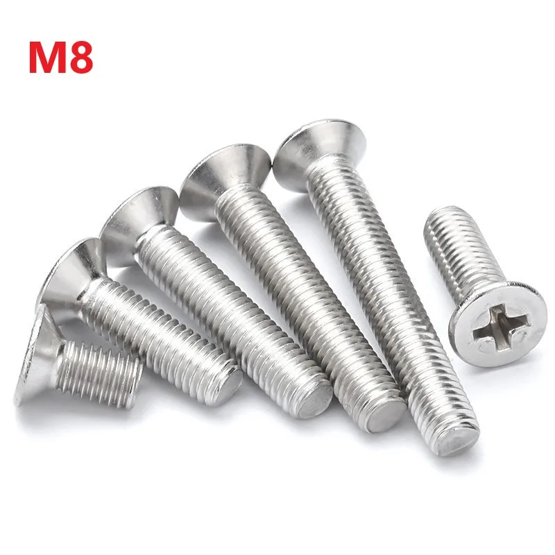 

M8 Cross Recessed Countersunk Screws 304 Stainless Steel Phillips Flat Head Machine Bolts 10 12 14 16 18 20 45 50 100 110 120mm