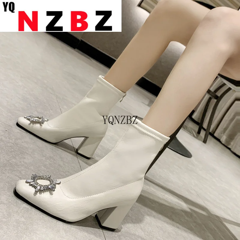 

New Women Leather Boots Fashion High Heels Shoes Spring and Autumn Woman Boots Square Toe Ankle Boots Female Shoes Heels