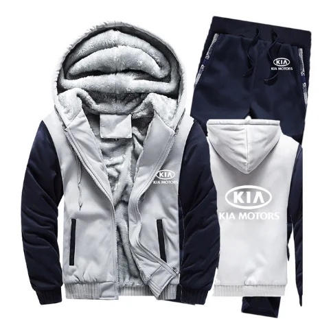 

2020 Winter Hoodies Men KIA Car Logo Mens Hoodies Suit Thicken Warm Fleece cotton Zipper Tracksuit Mens Jacket+Pants 2Pcs