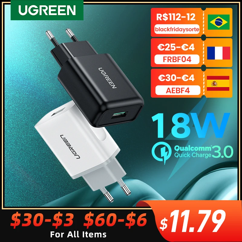 

UGREEN 18W USB Charger QC3.0 Quick Charge 3.0 QC Fast Wall Charger for Samsung s10 Xiaomi iPhone Huawei Mobile Phone Charger