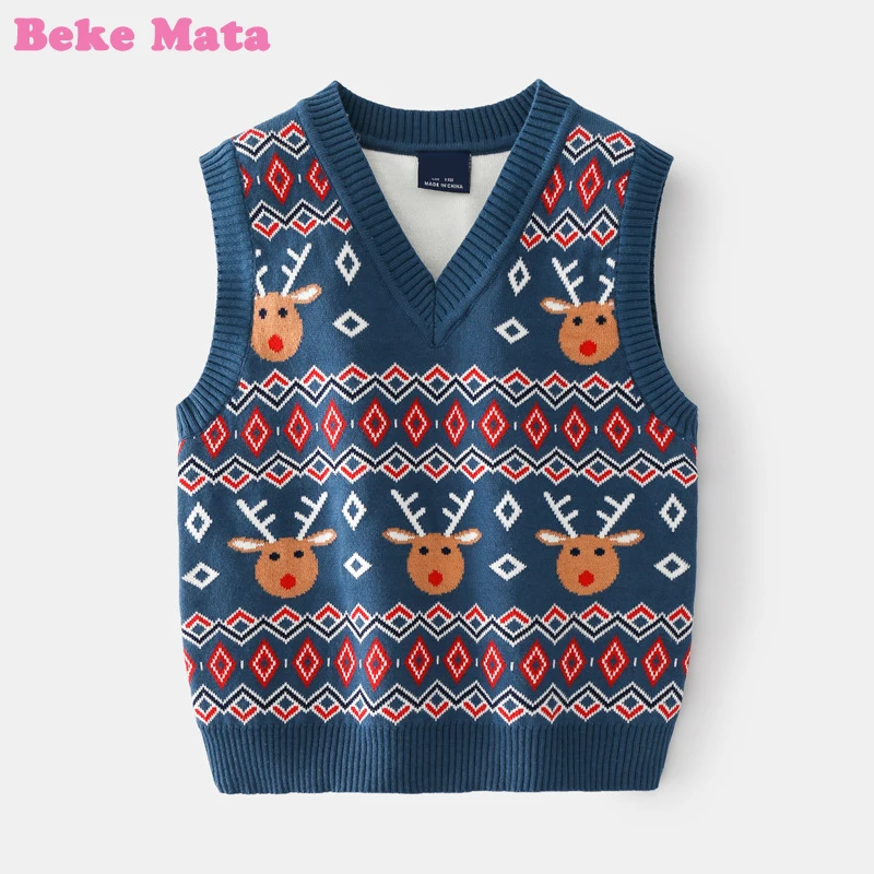 Christmas Vest For Boy 2022 Spring Double Layer Knitted Kids Boys Sweater Sleeveless Little Child Tops Children Clothing 3-9Year