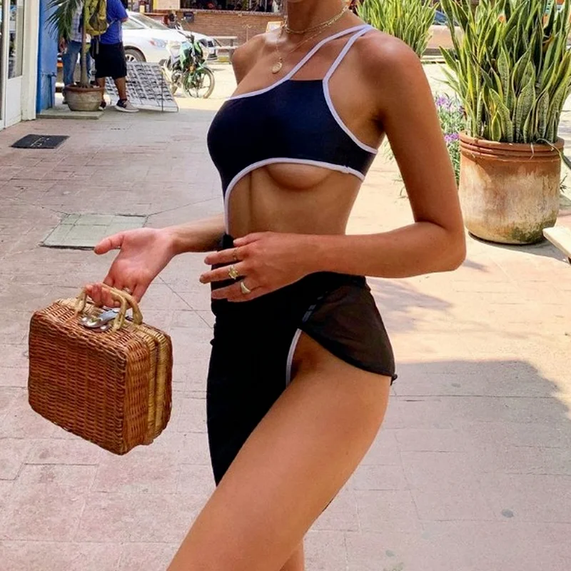 Модный Купальник из двух частей с сетчатой пряжкой новинка 2021 однотонный