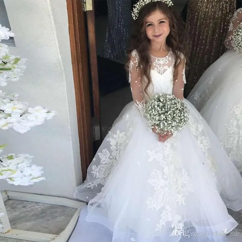 

Princess Spring Flower Girls Dresses Jewel Neck Lace Appliques Illusion Long Sleeve Appliques Girls Pageant Dress Puffy Kids