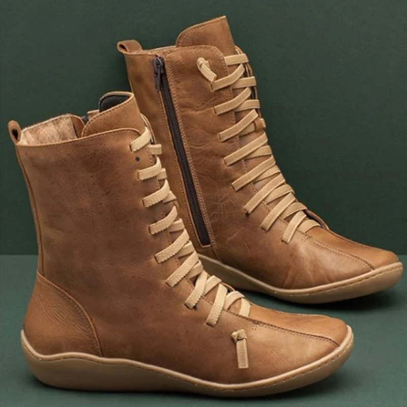 

2020 New Women Natural Leather Casual Mid-Calf Boots Comfortable Quality Soft Handmade Flat Shoe Black Work Martin Boots