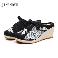 embroider wedges shoes for women half slippers ethnic style mules shoes women fashion slippers high heels summer shoe sliders