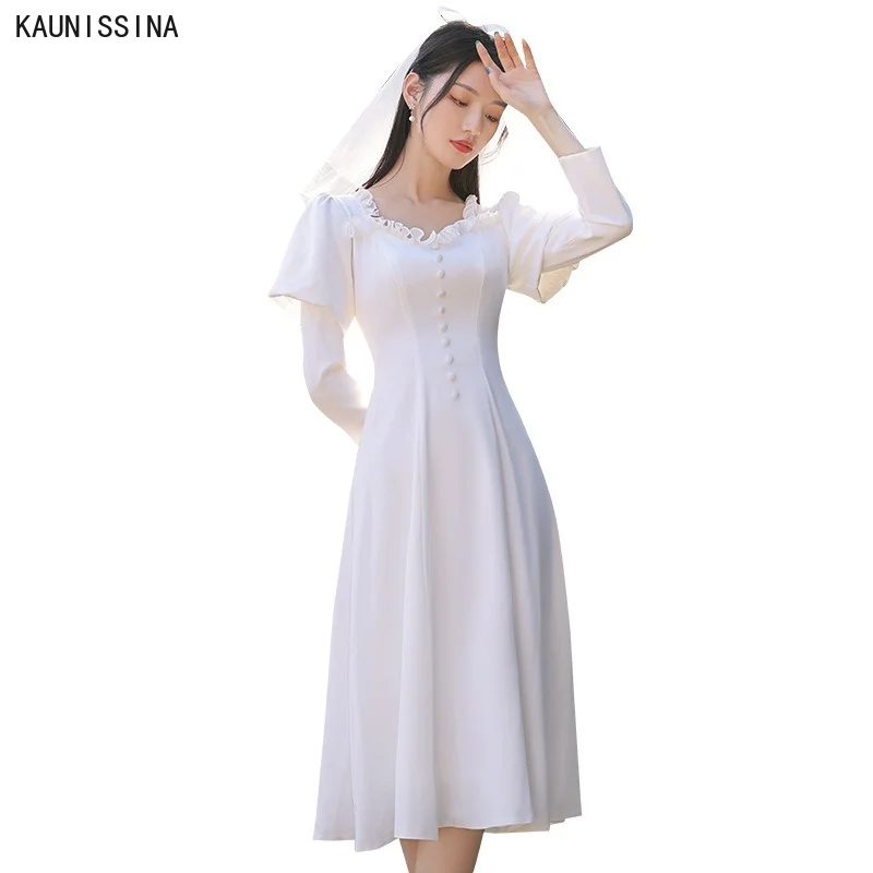 

KAUNISSINA Mid-Calf Wedding Dress for Bride Long Sleeve White Simple Cheap Wedding Gowns Bridal Robe Marriage vestidos de novia