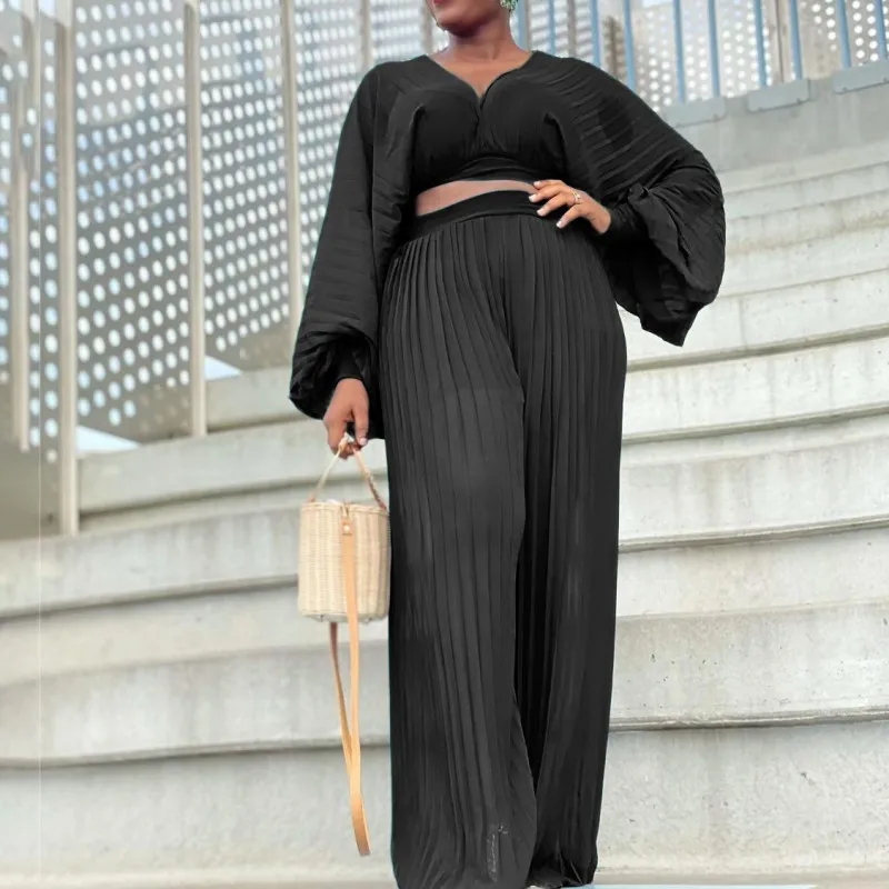 

Two Piece Set Chiffon Pleated Long Sleeve Shirt Casual Loose Wide Leg Pants African Women Sets Tops And Pants Matching Outfits