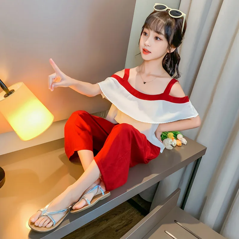 

Teen Girls Clothes Summer Chiffon Costumes For Girls Fashion Off Shoulder Kids Shirt+Pants 2 Pcs Baby Girls Clothing 3- 13 Yrs