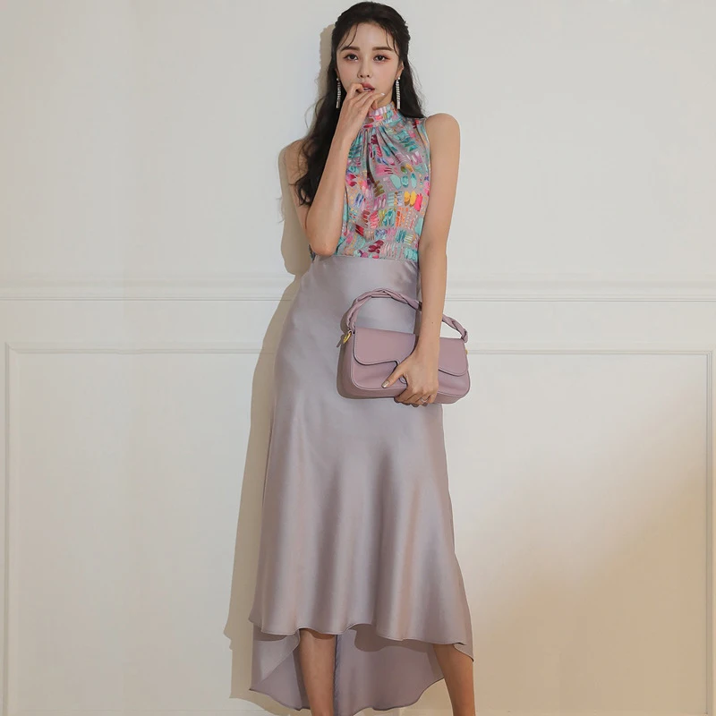 

Vintage Sleeveless Tops Women Elegant OL Casual Ruffle Mermaid High Waist Long Skirt Stand Neck Print Shirt Blouse 2 Pieces Set