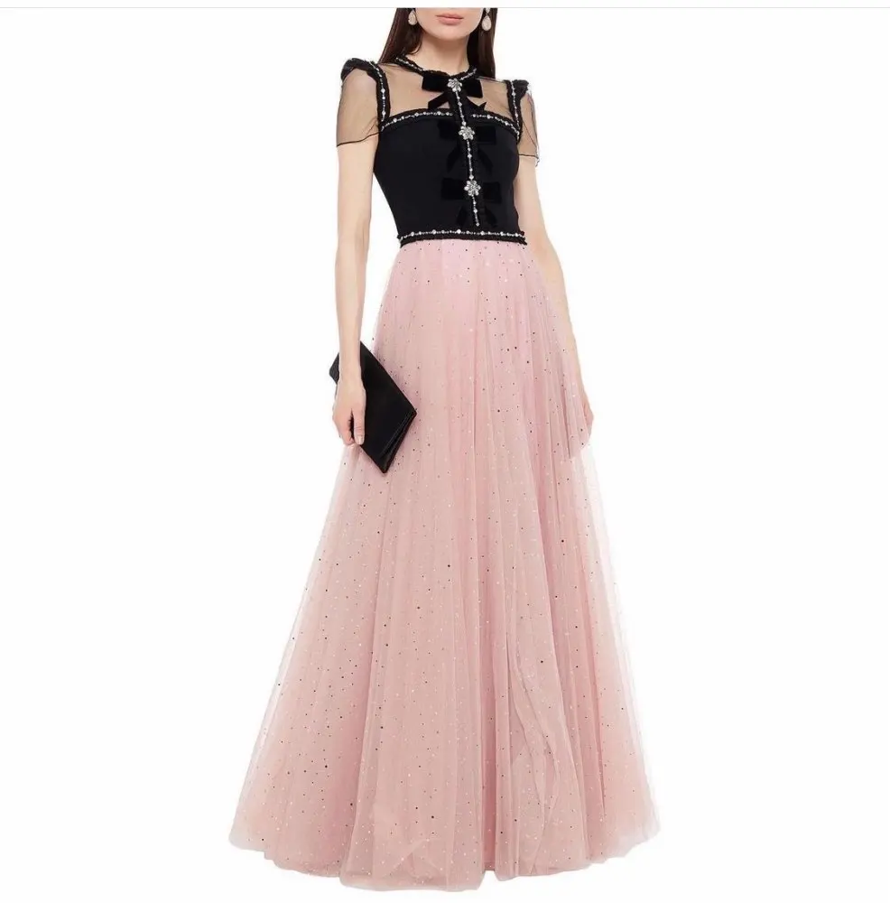

Verngo Vintage Black and pink A Line Evening Dresses 0-Neck Short Sleeves Floor Length Princess Prom Dress Formal Party Garment