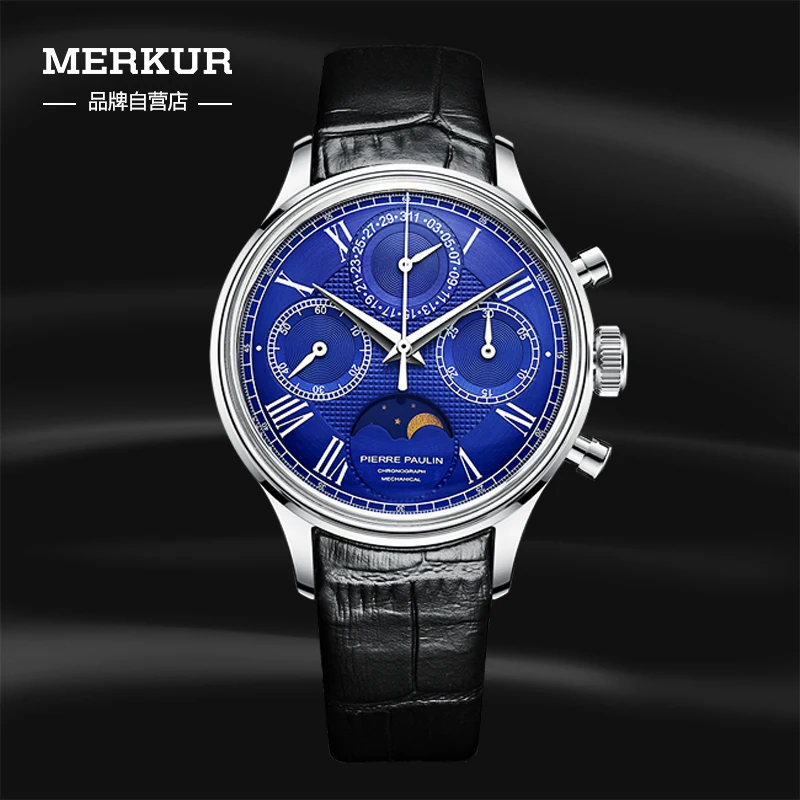 

PIERRE PAULIN Mechanical Chronograph Moon Phase Calendar Complicated Men's Luxury Dress Handwind Watch