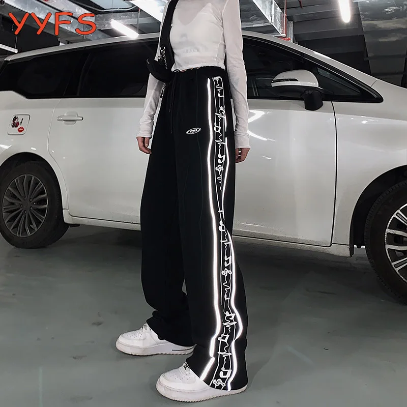 

New Note string Reflective Pant Women High waist Straight Sweatpants Street Hip-hop Jogging Glow Trousers Spring Summer Trousers