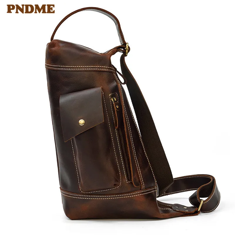Fashion personality design natural crazy horse cowhide men's crossbody bag casual outdoor weekend genuine leather shoulder bag