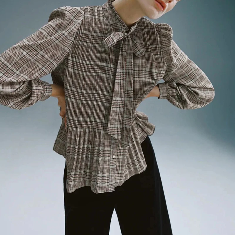 

KUMSVAG Women Summer ZA Plaid Shirts Blouses Tops 2021 Fashion Pleated Bow Tie Sweet Female Casual Street Top Clothing Blusas