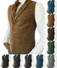 Повседневный джентльменский мужской армейский зеленый жилет, Мягкая шерстяная коричневая куртка, твидовая ткань для Groos, мужской свадебный жилет для лучших мужчин